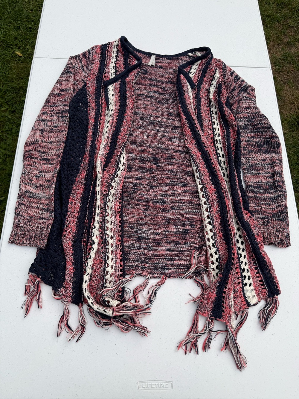 Vanity Striped Open-Front Fringe Cardigan in Pink and Navy